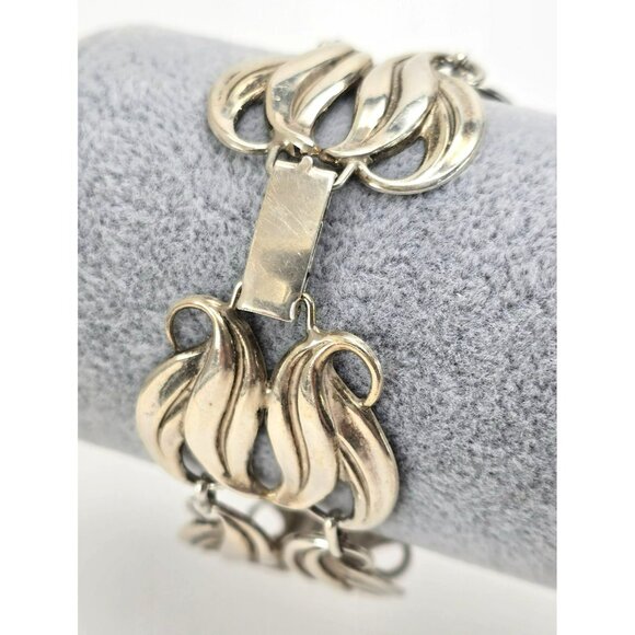 Vintage Bracelet Sterling Silver Wide Wave Tulip Leaves Design 7.5" Wrist LI644 - Picture 9 of 9